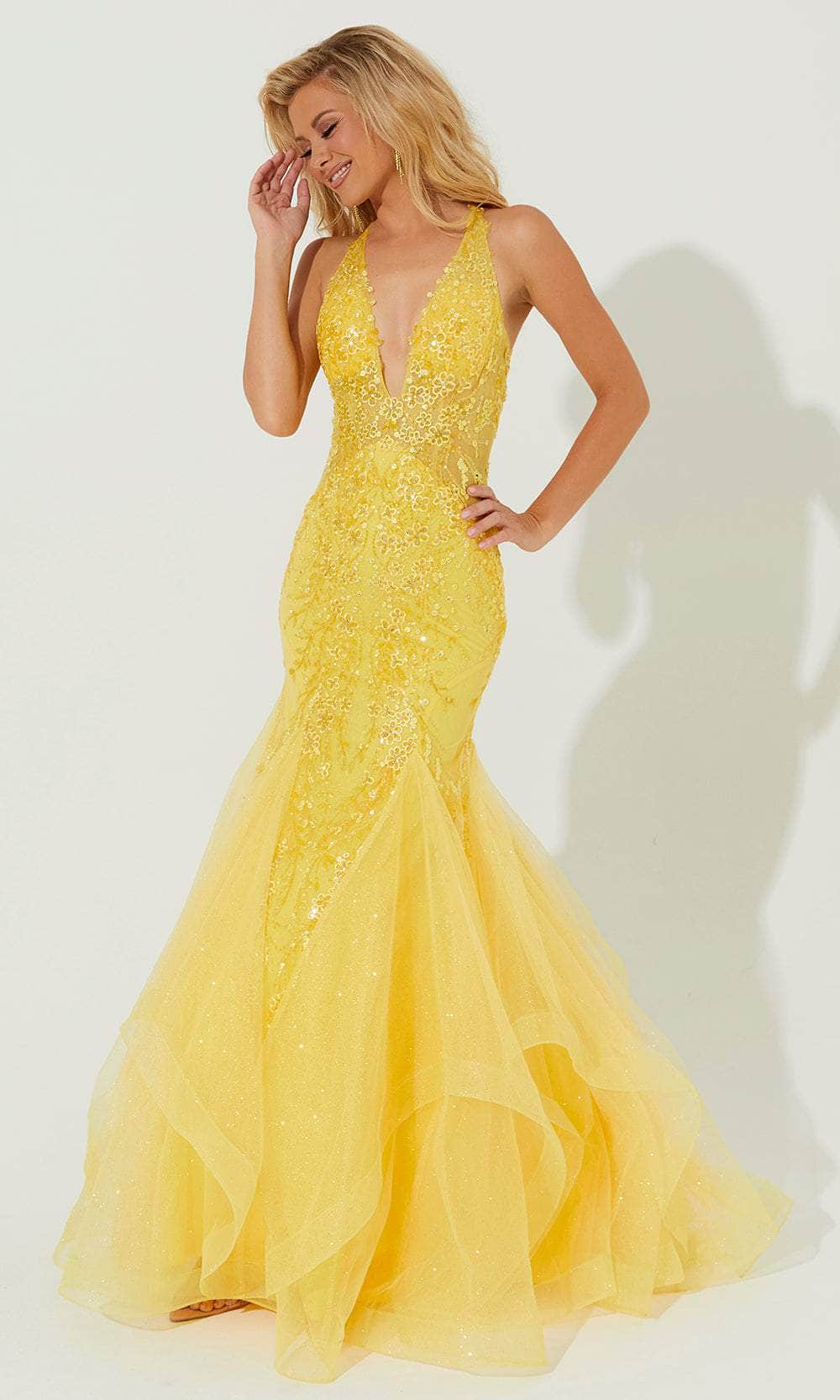 Jasz Couture 7571 - Floral Applique Embellished Sleeveless Dress Special Occasion Dress 00 / Yellow