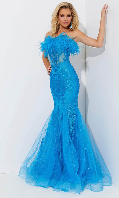 Jasz Couture 7572 - Strapless Feather Dress Special Occasion Dress 00 / Ocean Blue
