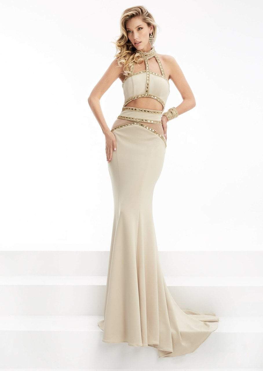 Jasz Couture - Bejeweled Halter Neck Dress 5923 Special Occasion Dress 0 / Champagne