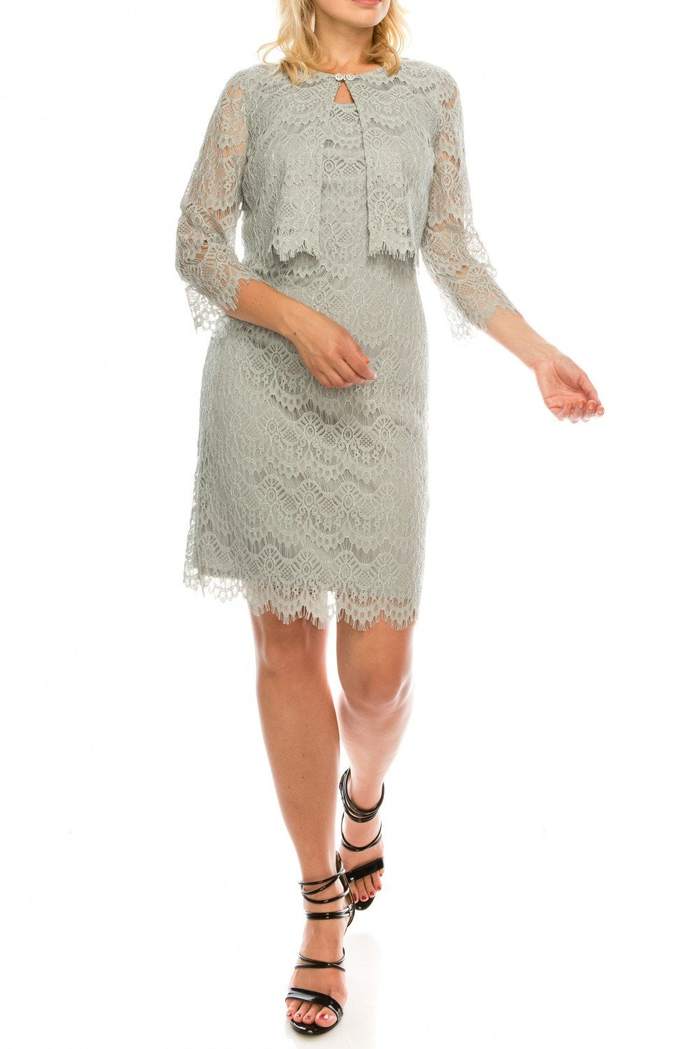 Jessica Howard - JH8M5167 Two Piece Lace Fitted Dress With Jacket In Gray