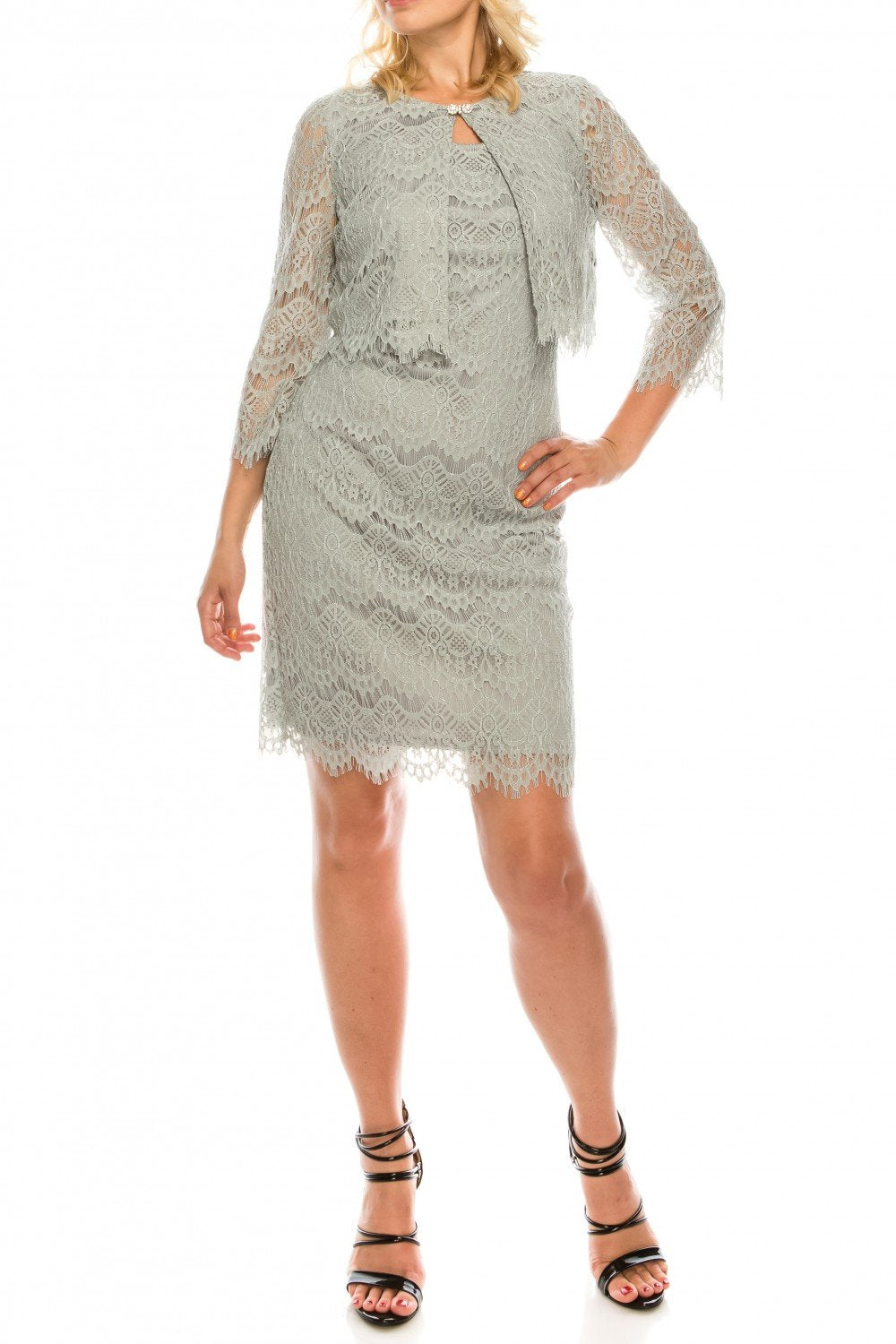 Jessica Howard - JH8M5167 Two Piece Lace Fitted Dress With Jacket In Gray