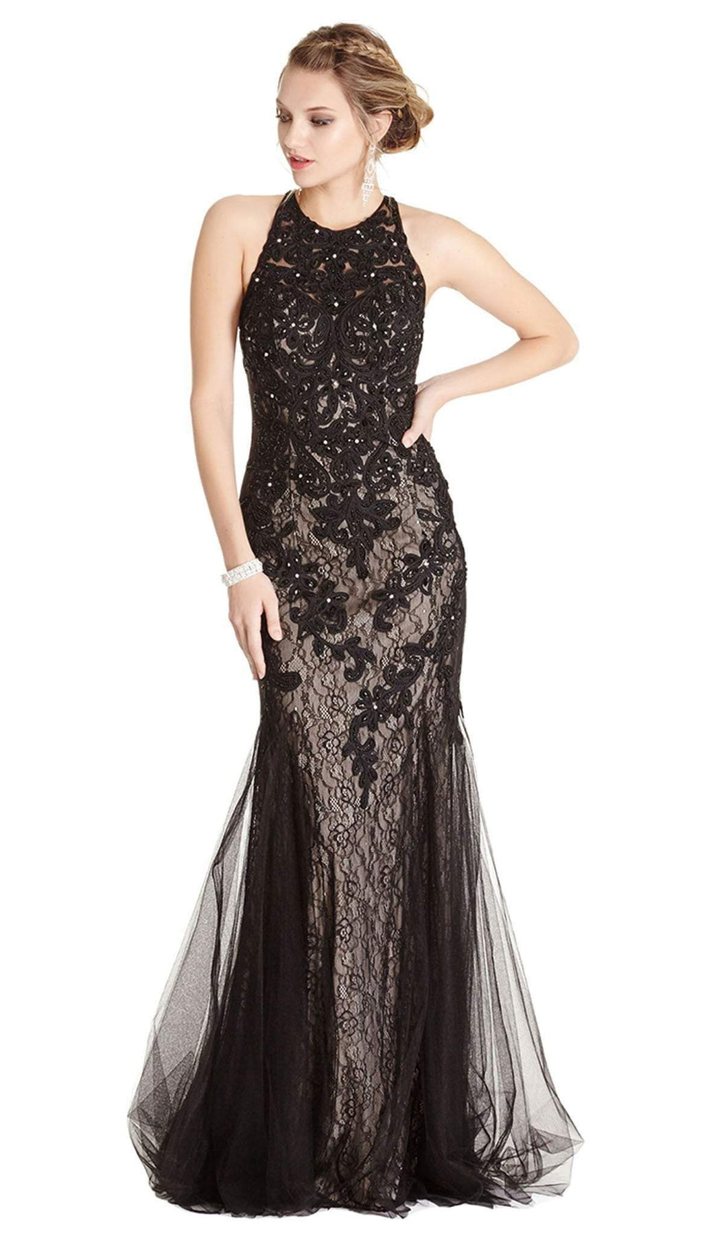 Jewel Embroidered Halter Trumpet Evening Dress Evening Dresses XXS / Black-Nude