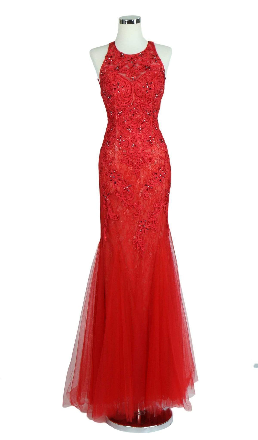 Jewel Embroidered Halter Trumpet Evening Dress Evening Dresses XXS / Red