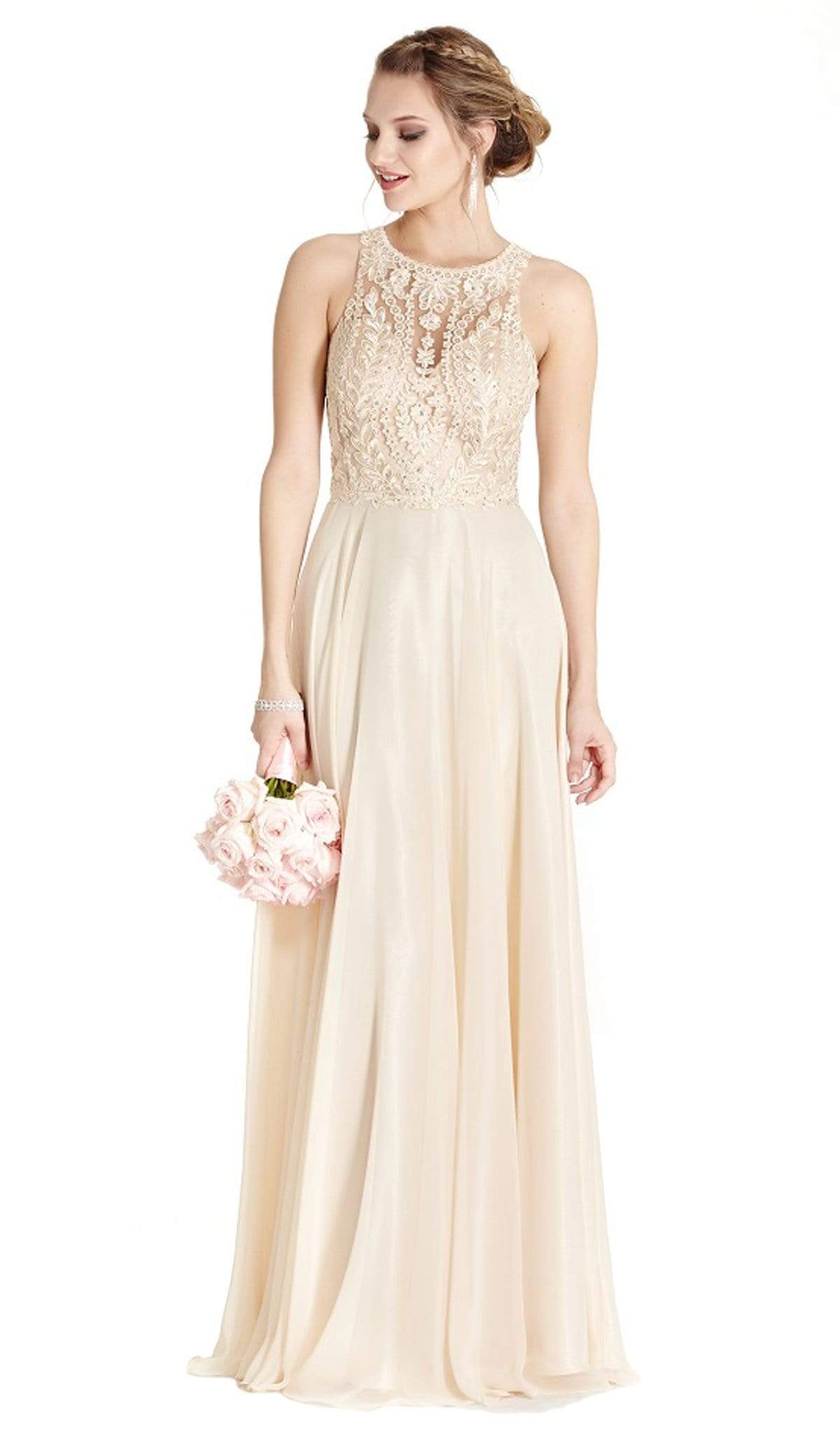 Jeweled Illusion Halter A-line Evening Dress Bridesmaid Dresses XXS / Champagne