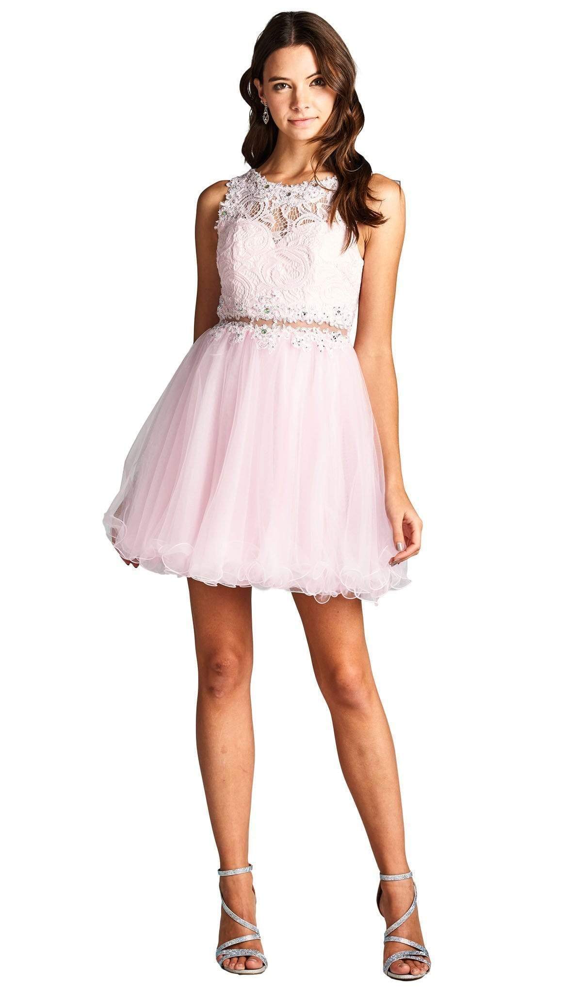 Jeweled Lace Illusion Jewel A-line Evening Dress Dress XXS / Light-Pink