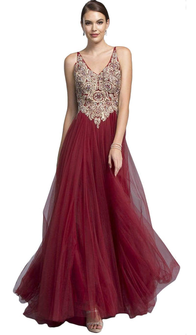 Jeweled V-neckline A-line Prom Dress Dress XXS / Burgundy