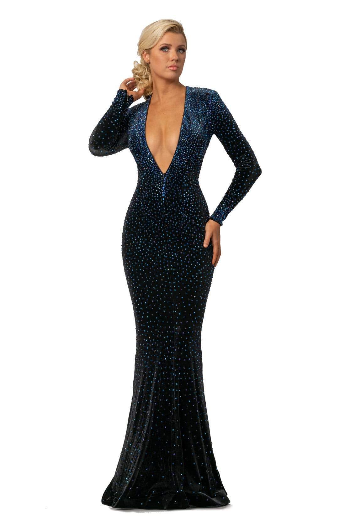Johnathan Kayne - 2045 Embellished Long Sleeve V-neck Trumpet Dress Special Occasion Dress 00 / Black-AB