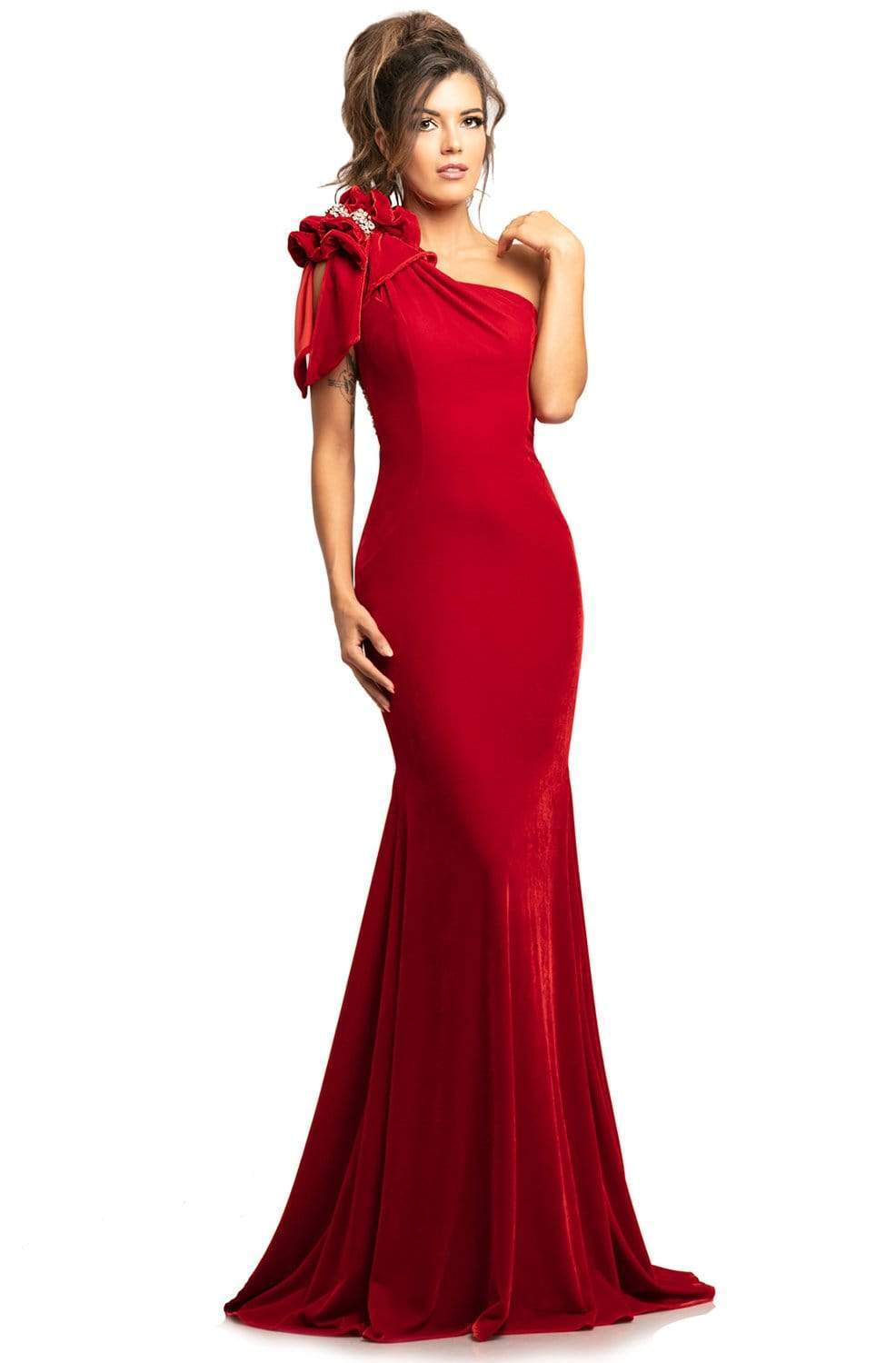 Johnathan Kayne - 2055 Embellished One Shoulder Trumpet Dress Evening Dresses 00 / Red