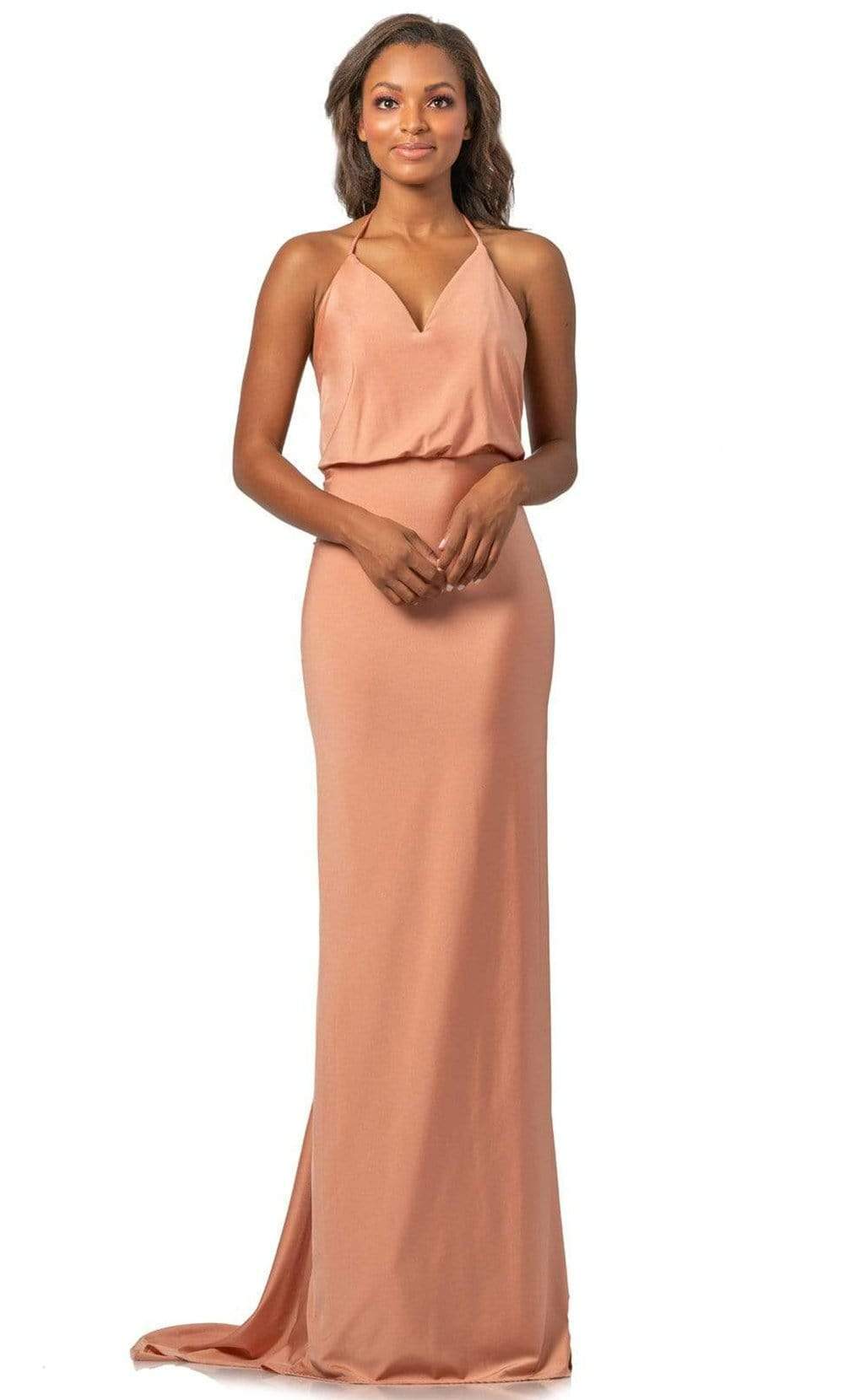 Johnathan Kayne - 2059 Blouson Halter Neck Backless Sheath Dress Special Occasion Dress 00 / Blush