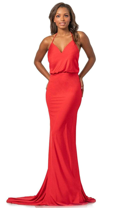 Johnathan Kayne - 2059 Blouson Halter Neck Backless Sheath Dress Special Occasion Dress 00 / Red