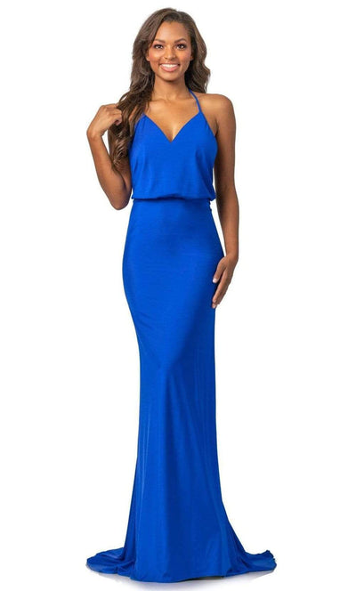 Johnathan Kayne - 2059 Blouson Halter Neck Backless Sheath Dress Special Occasion Dress 00 / Royal