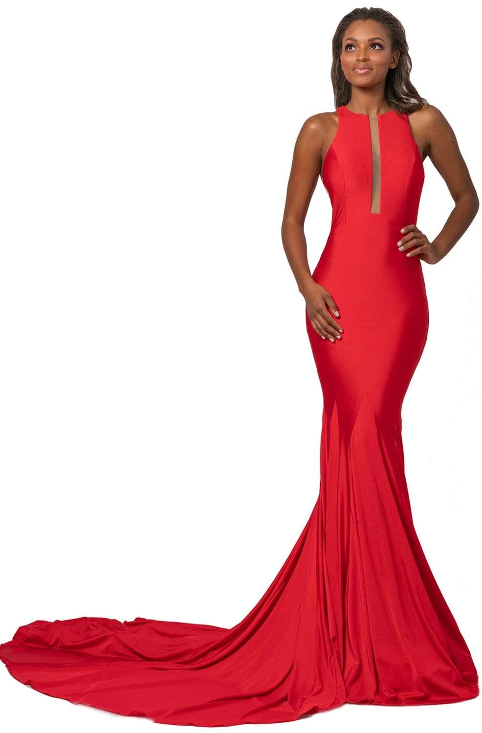 Johnathan Kayne - 2061 Illusion Paneled Bodice Long Mermaid Gown Prom Dresses 00 / Red