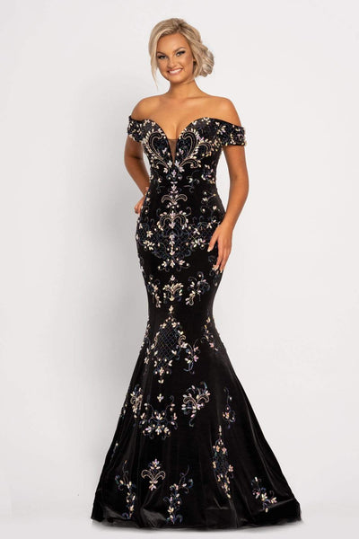Johnathan Kayne - 2176 Crystal Embellished Off Shoulder Long Dress Evening Dresses 00 / Black