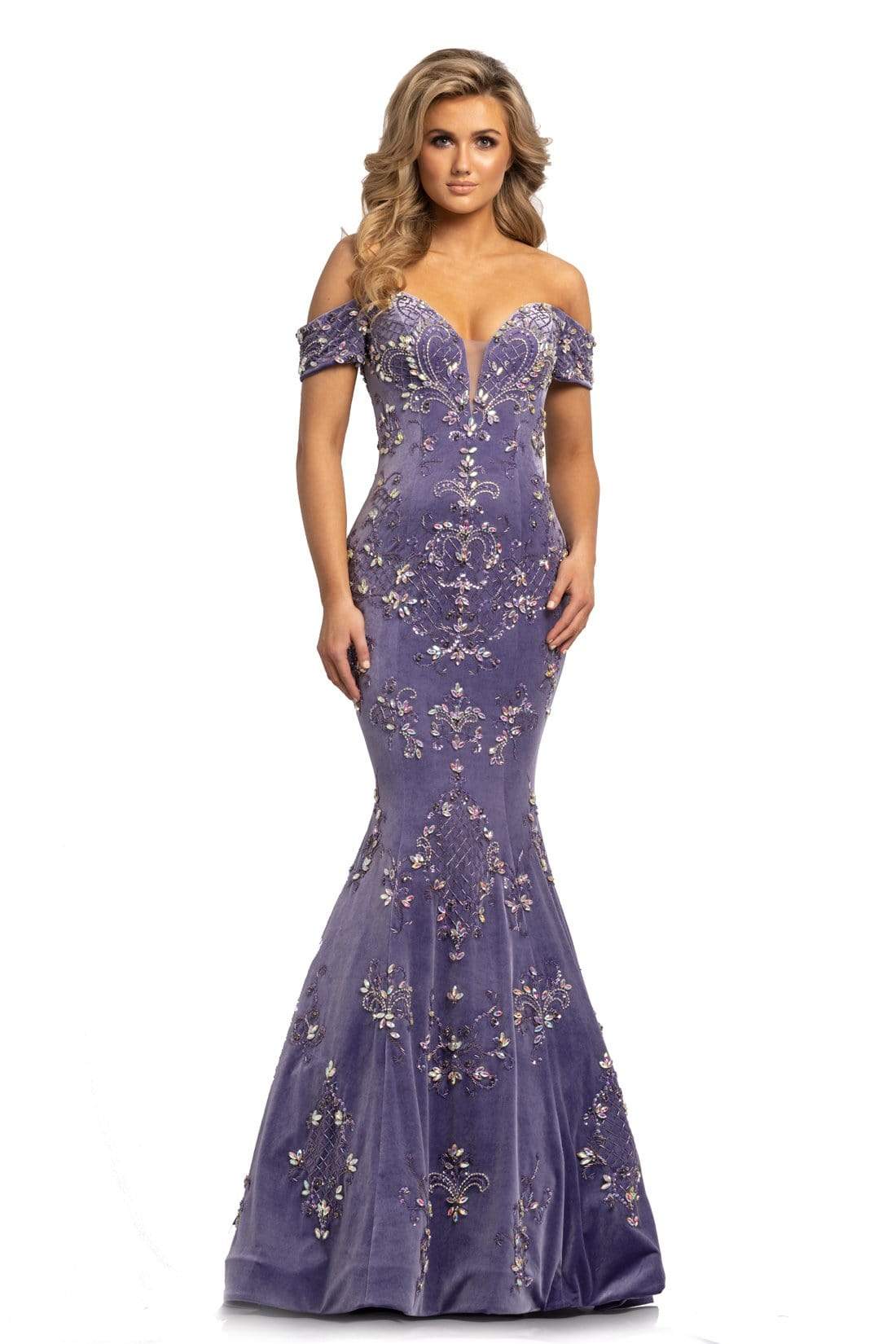 Johnathan Kayne - 2176 Crystal Embellished Off Shoulder Long Dress Evening Dresses 00 / Periwinkle