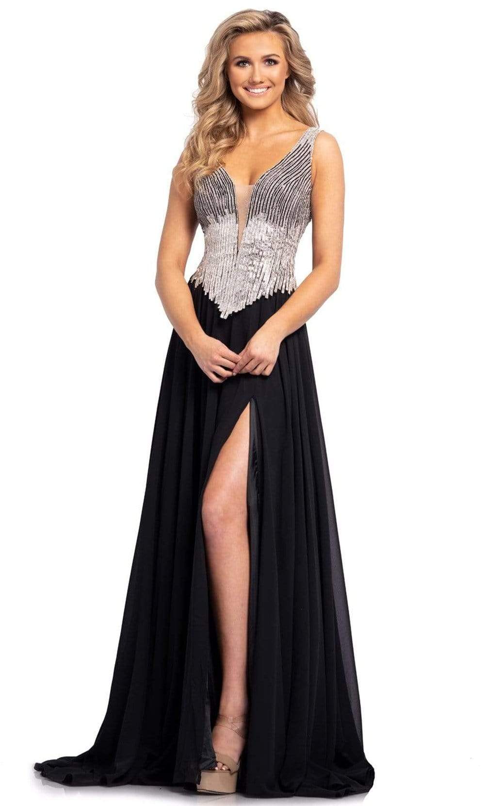 Johnathan Kayne - 2196 Embellished Deep V Neck A-line Gown With Slit Special Occasion Dress 00 / Black