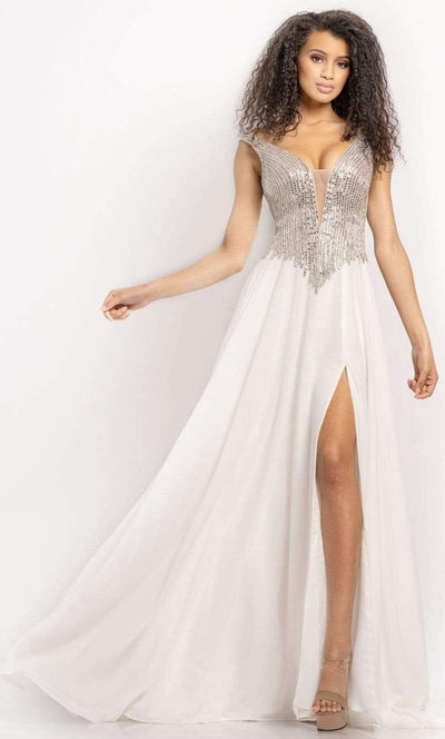 Johnathan Kayne - 2196 Embellished Deep V Neck A-line Gown With Slit Special Occasion Dress 00 / White