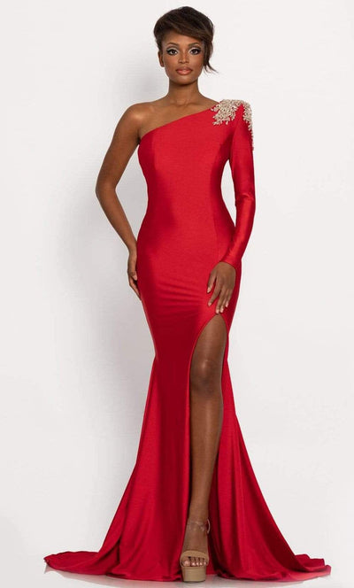 Johnathan Kayne - 2224 Jeweled One Shoulder High Slit Evening Gown Prom Dresses 00 / Red