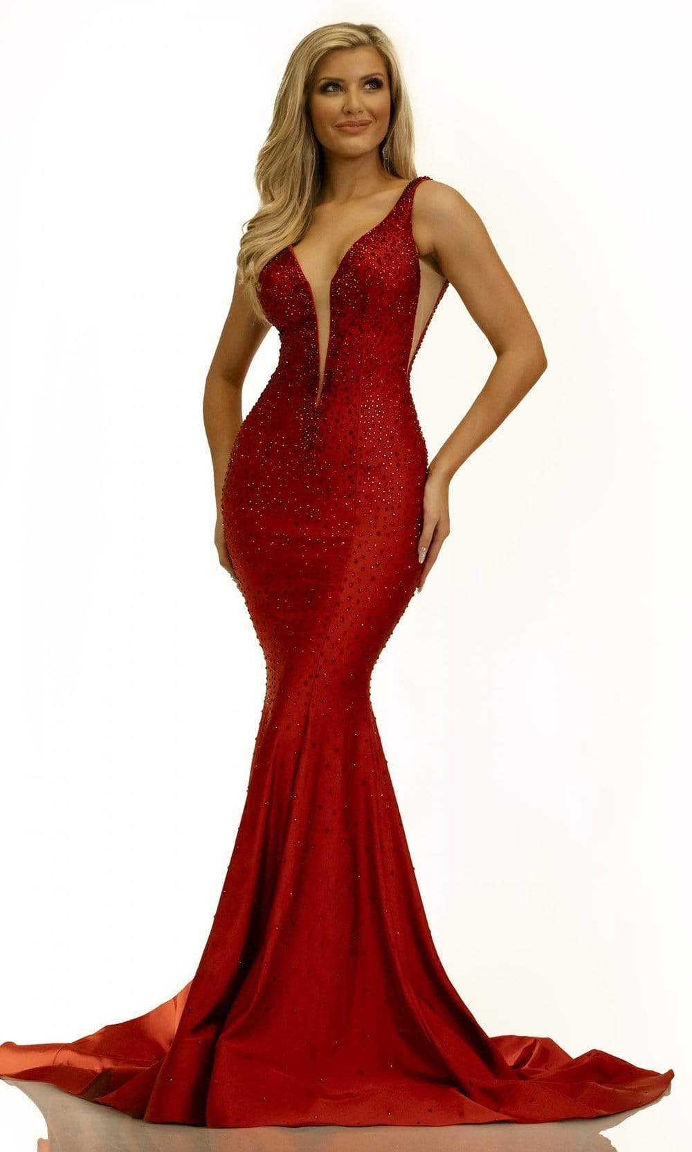 Johnathan Kayne - 2305 V-Neck Trumpet Evening Dress Evening Dresses 00 / Red