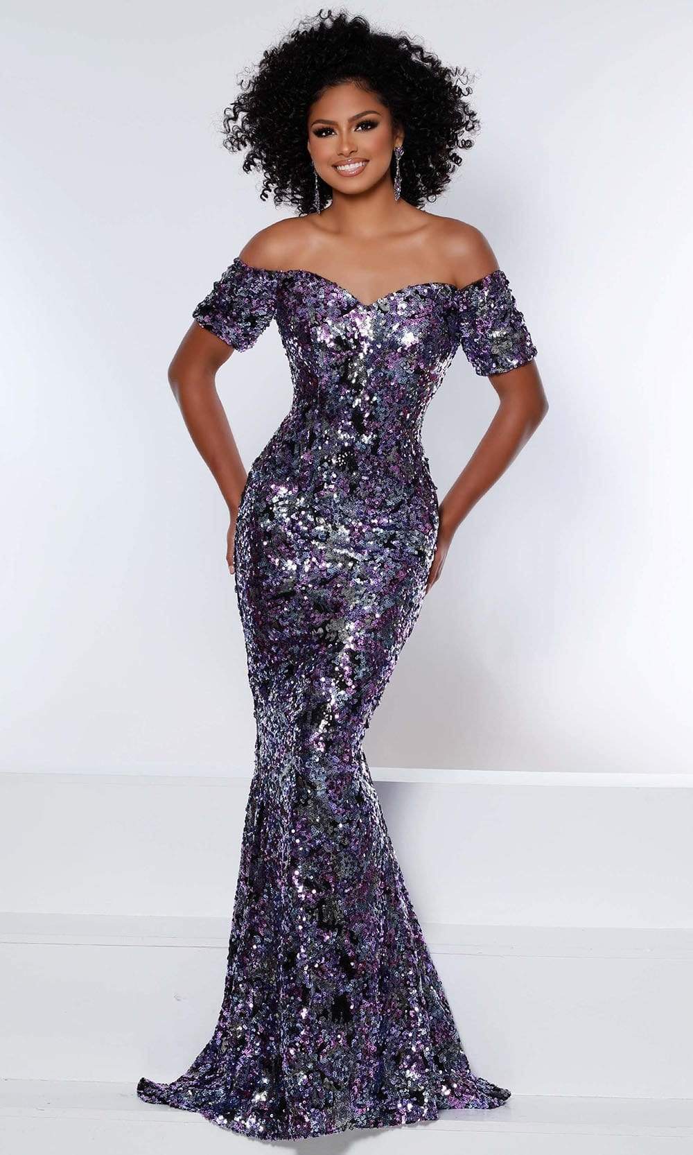 Johnathan Kayne - 2417 Off Shoulder Sequined Long Gown Prom Dresses 00 / Purple-Multi