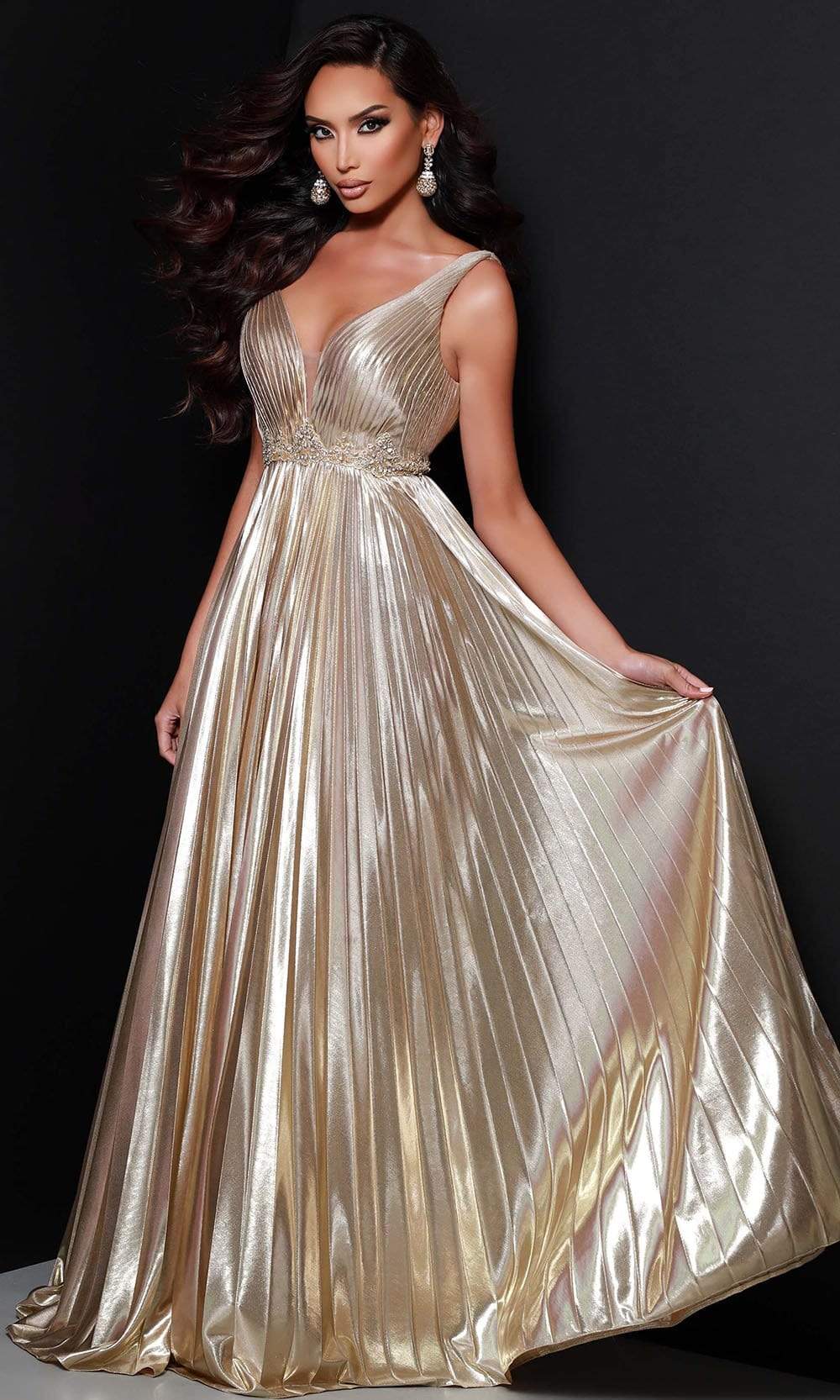Johnathan Kayne - 2426 Metallic Pleated A-line Gown Prom Dresses 00 / Gold