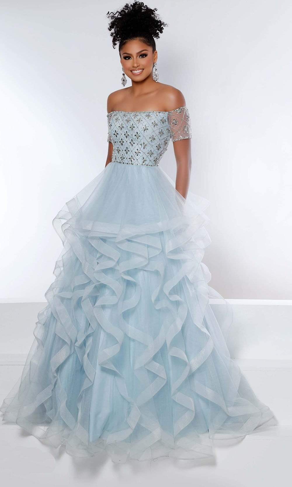 Johnathan Kayne - 2433 Off - Shoulder Organza Ruffle Gown Ball Gowns 00 / Ice Blue