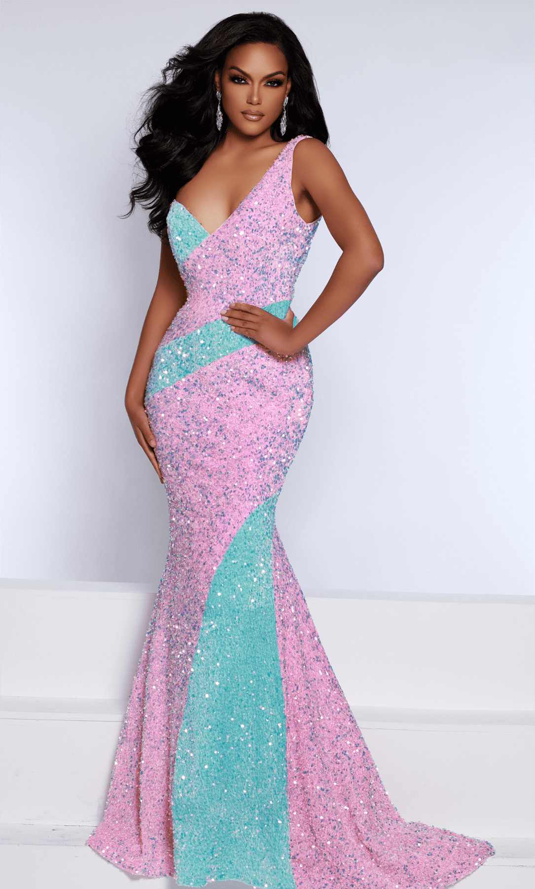 Johnathan Kayne 2659 - Embellished Colorblock Evening Gown Special Occasion Dress 00 / Cotton Candy/Aqua