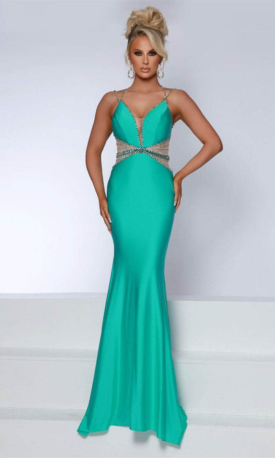 Johnathan Kayne 2808 - Plunging Jewel Ornate Evening Dress Evening Dresses 00 /  Seafoam