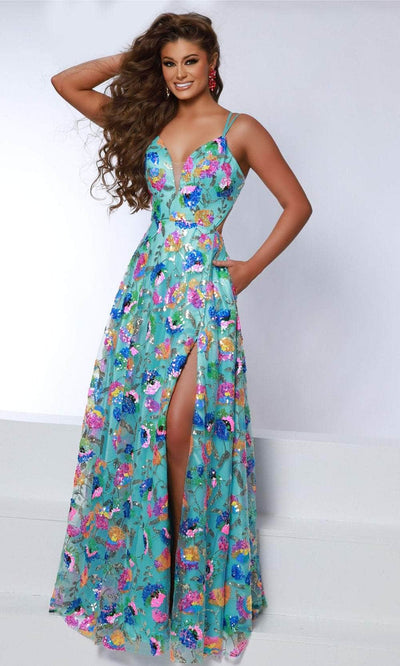 Johnathan Kayne 2813 - Floral Sequin Evening Dress Evening Dresses 00 /  Aqua-Multi