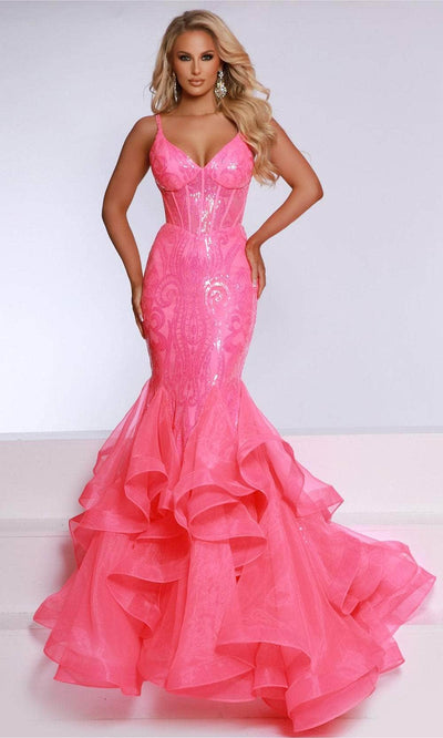 Johnathan Kayne 2835 - Sequined Sheer Corset Prom Dress Prom Dresses 00 /  Hot Pink