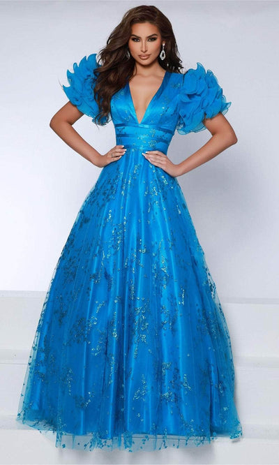 Johnathan Kayne 2841 - Puff Sleeve Glitter Evening Dress Evening Dresses 00 /  Capri Blue