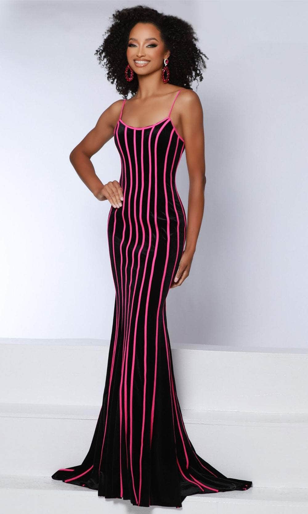 Johnathan Kayne 2863 - Lace-Up Back Striped Evening Dress Evening Dresses 00 /  Black-Hot Pink
