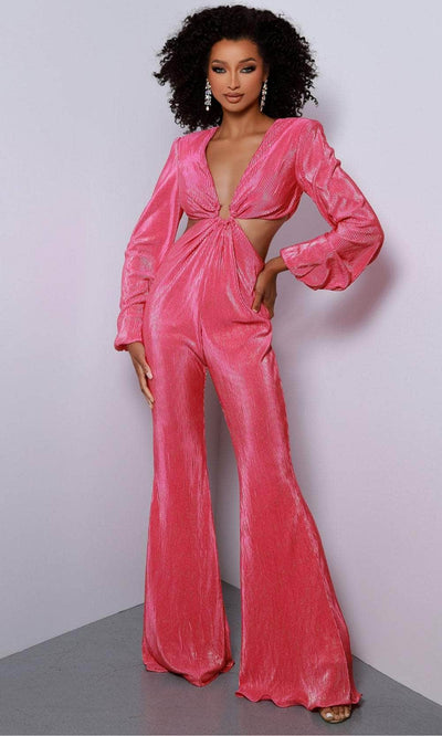 Johnathan Kayne 2884 - Plunging Neck Long Sleeve Jumpsuit Formal Pantsuit 00 /  Pink-Gold