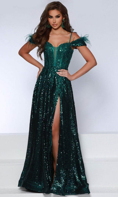 Johnathan Kayne 2887 - Feather Off Shoulder Evening Dress Evening Dresses 00 /  Emerald