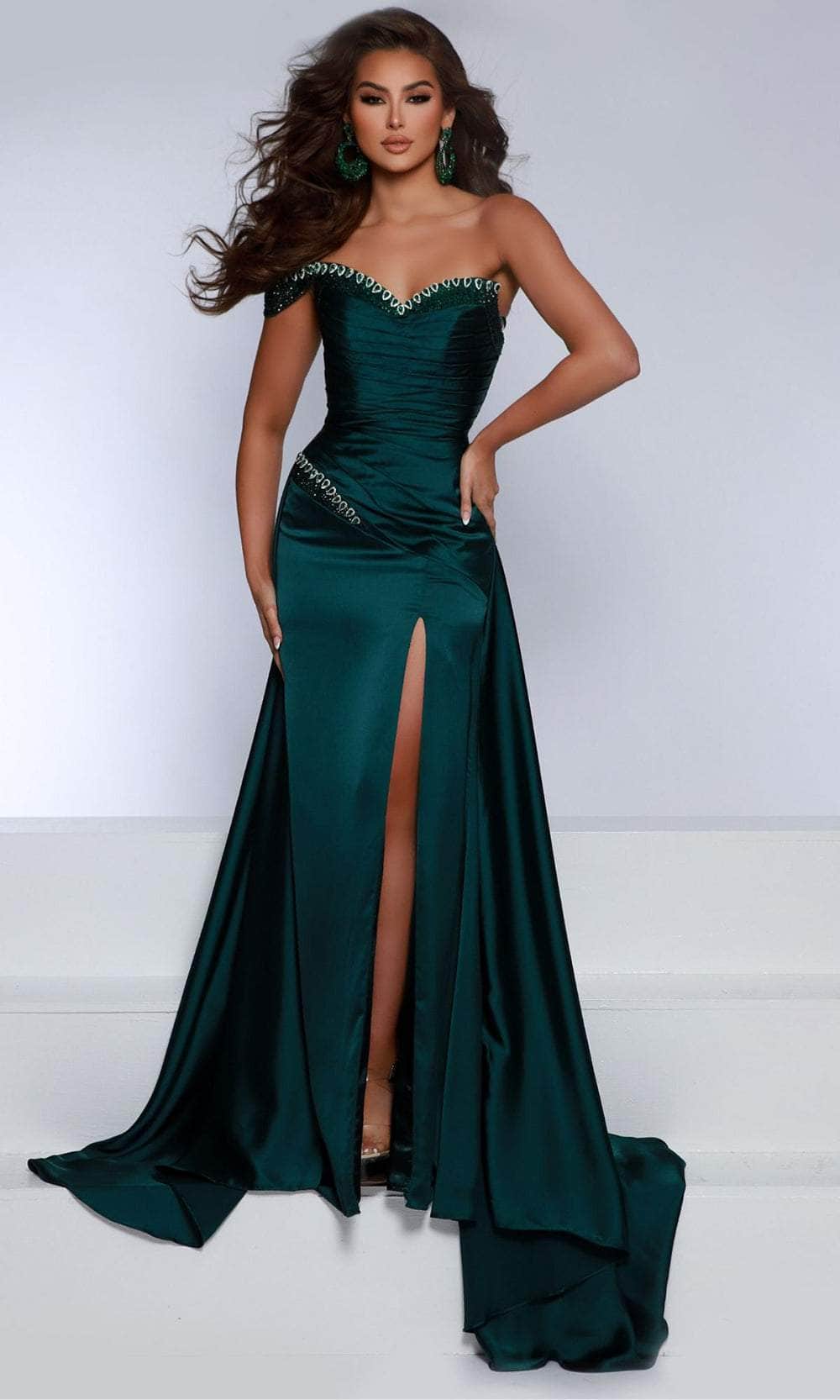 Johnathan Kayne 2898 - One Shoulder Overskirt Prom Dress Prom Dresses 00 /  Emerald