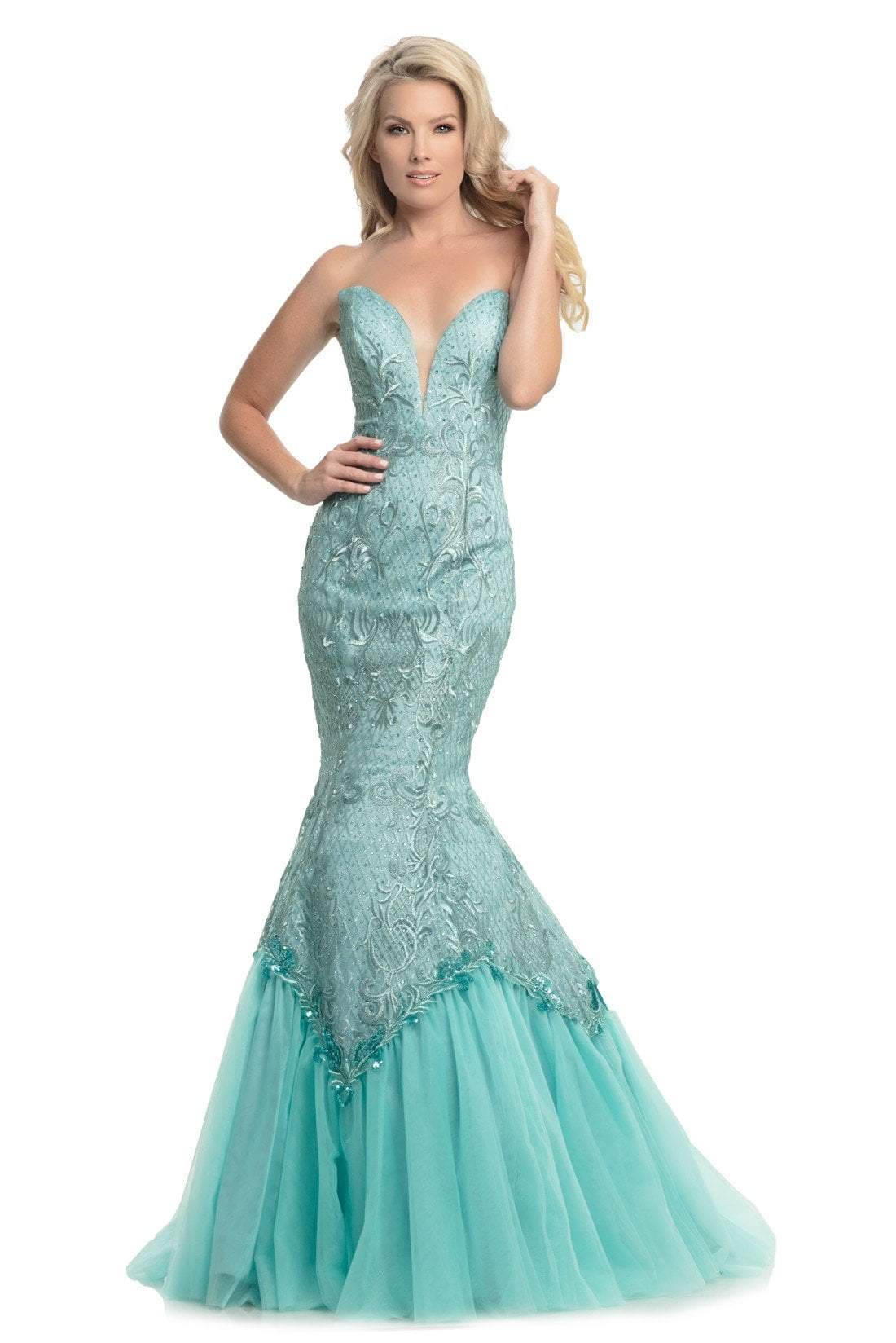 Johnathan Kayne - 9001 Dramatically Embellished Strapless Mermaid Gown Special Occasion Dress 0 / Aqua