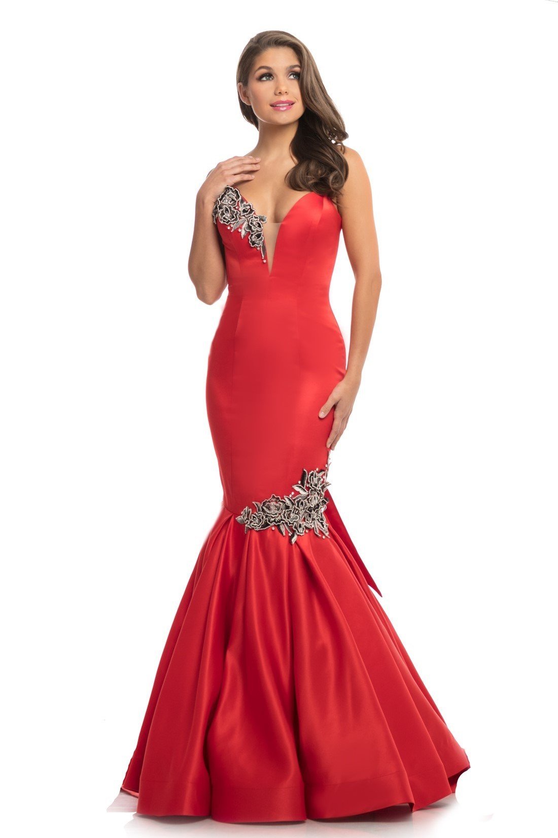 Johnathan Kayne - 9030 Plunging Sweetheart Rose Appliqued Gown Special Occasion Dress 0 / Red