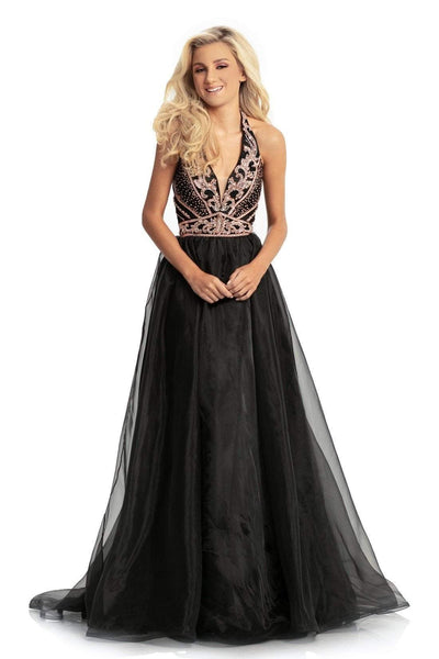 Johnathan Kayne - 9066 Bead Embellished Plunging Halter Ballgown Special Occasion Dress 0 / Black/Rose Gold
