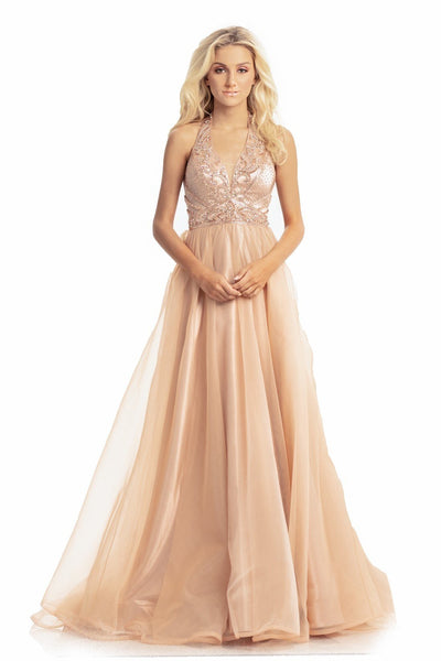 Johnathan Kayne - 9066 Bead Embellished Plunging Halter Ballgown Special Occasion Dress 0 / Rose Gold