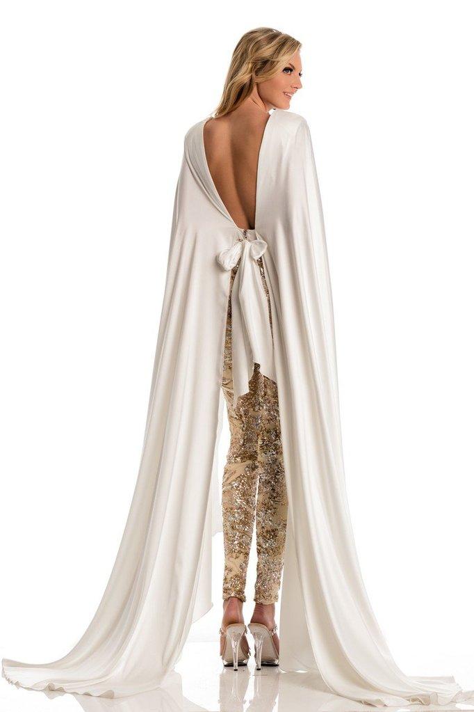 Johnathan Kayne Cape Sleeve Metallic Sequin Jumpsuit 8053 - 1 pc Champagne/White in Size 6 Available CCSALE 6 / Champagne/White