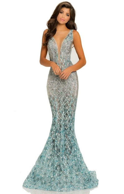 Johnathan Kayne Deep V-Neck Ornate Lace Mermaid Gown 8031 CCSALE 6 / Teal