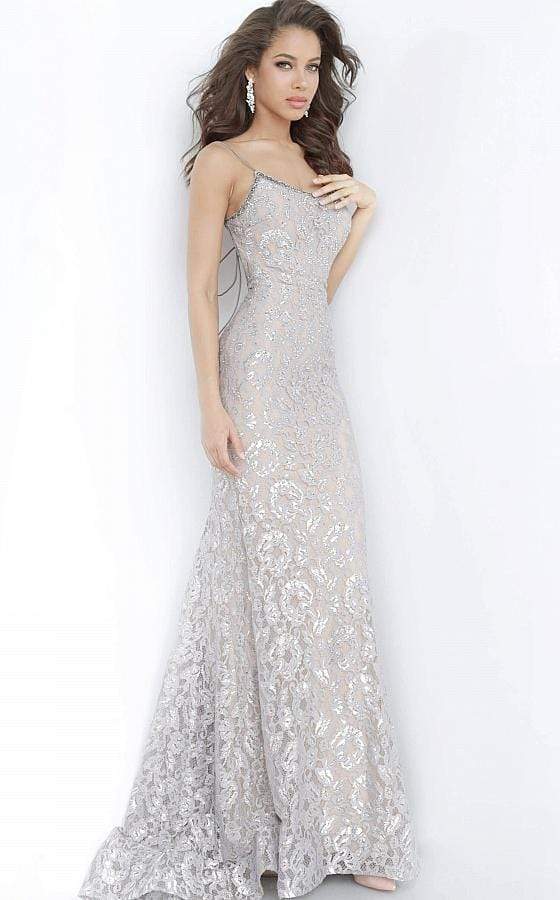 Jovani - 00355 Embroidered Scoop Neck Trumpet Dress Evening Dresses 00 / Silver/Nude