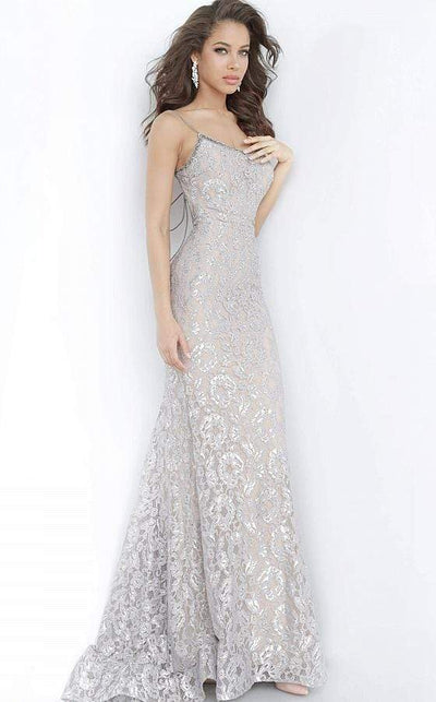 Jovani - 00355 Embroidered Scoop Neck Trumpet Dress Evening Dresses 00 / Silver/Nude