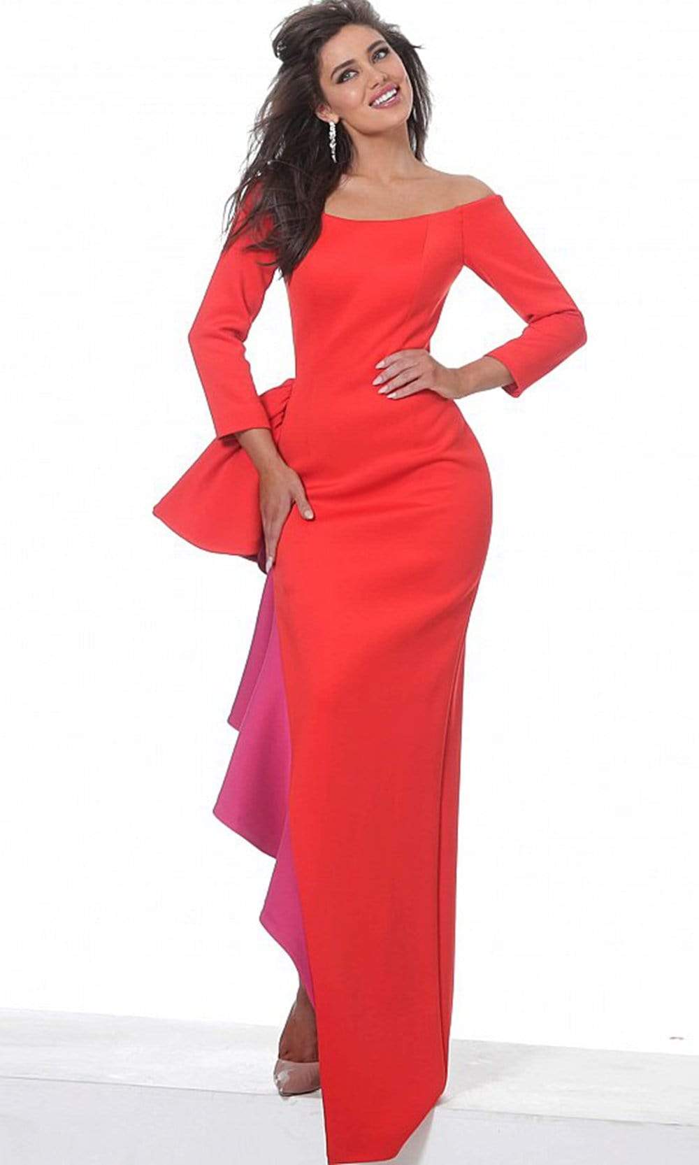 Jovani - 00574 Long Two-Toned Ruffle Ornate High Slit Dress Evening Dresses 00 / Red/Fuchsia