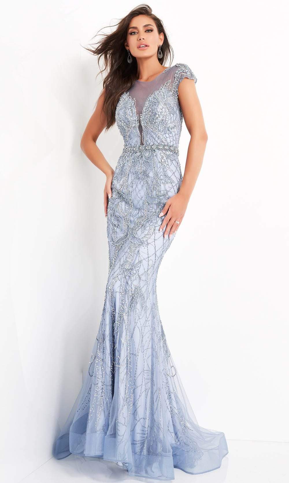 Jovani 00883SC - Beaded Cap Sleeve Long Gown Evening Dresses 00 / Light-Blue