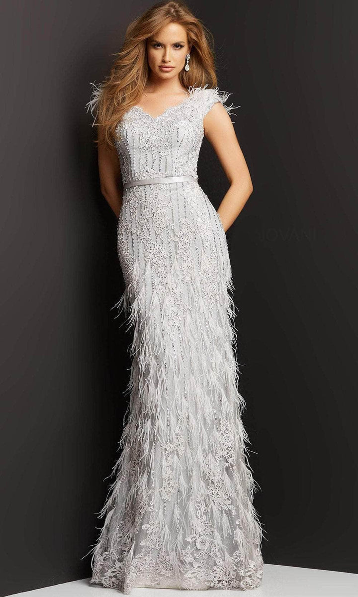 Jovani - Embellished Sheath Evening Dress 03108SC In Silver