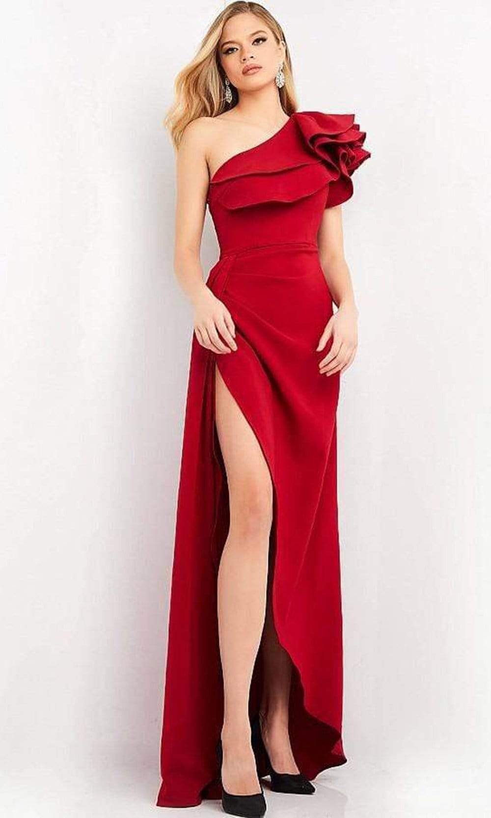 Jovani - 04352 Asymmetric Ruffled Slit A-line Dress Evening Dresses 00 / Cranberry