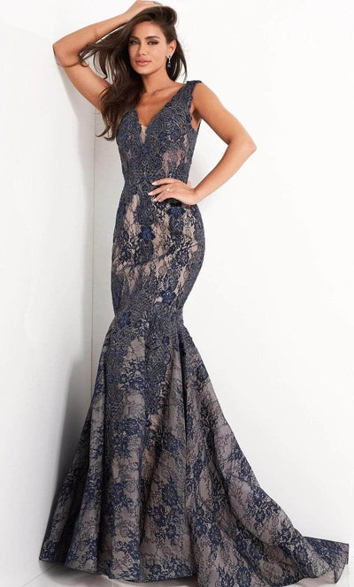 Jovani 04585SC - Embroidered Mermaid Evening Gown Evening Dresses 8 / Cafe