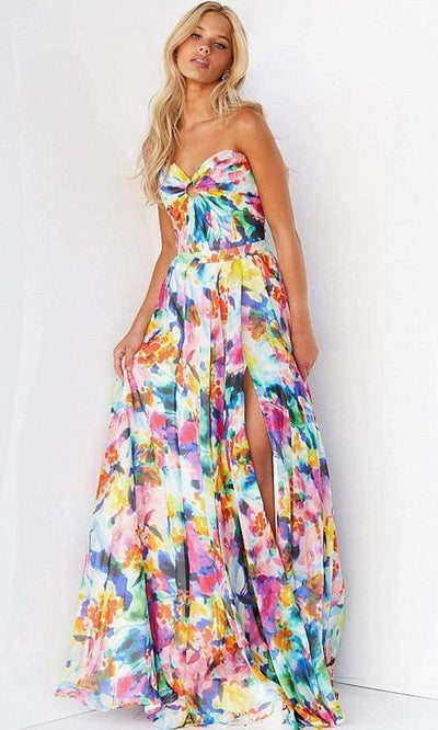 Jovani - 05589 Strapless Printed Slit A-line Gown Prom Dresses 00 / Multi