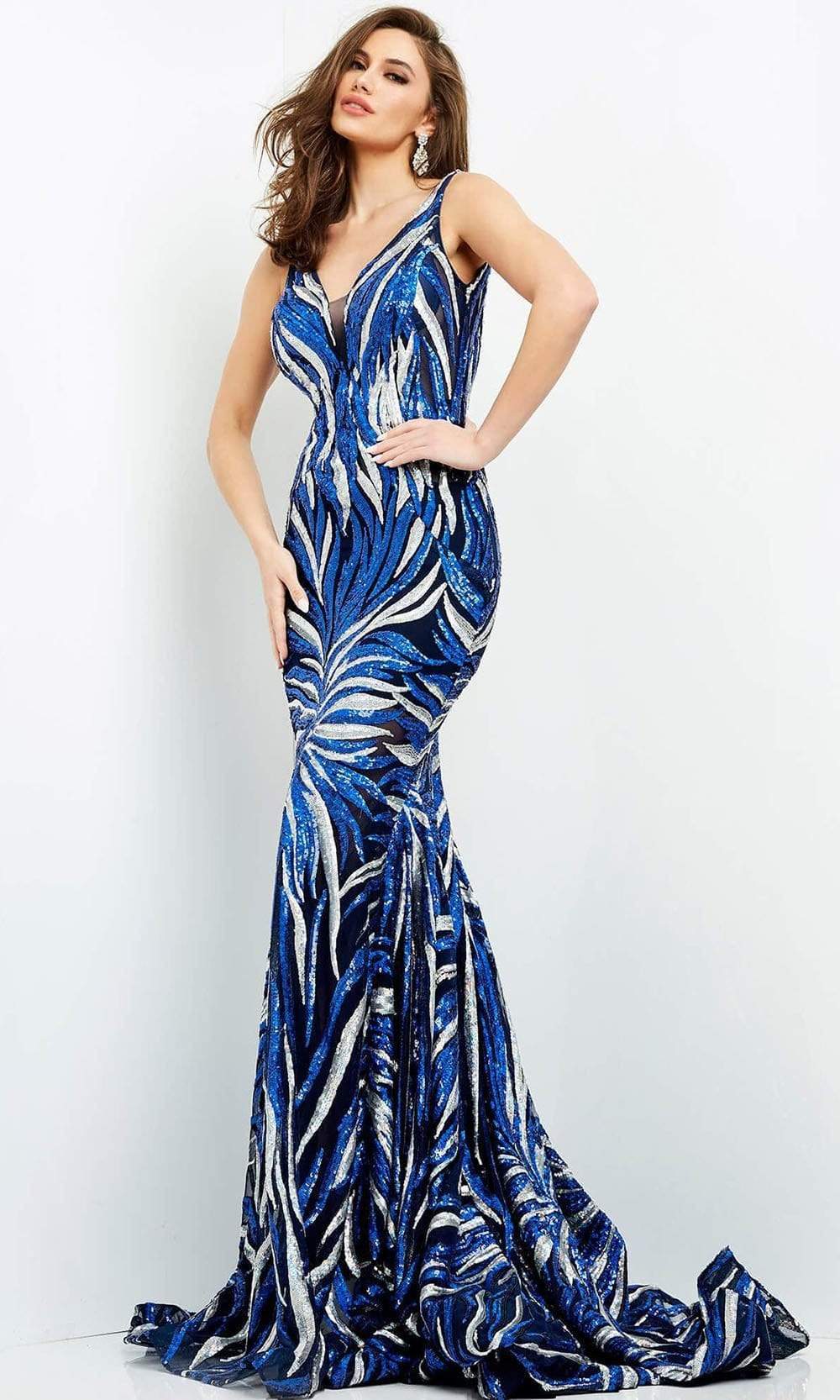 Jovani - 06153 Sequin Plunging V Neck Trumpet Dress Prom Dresses 00 / Navy/Silver