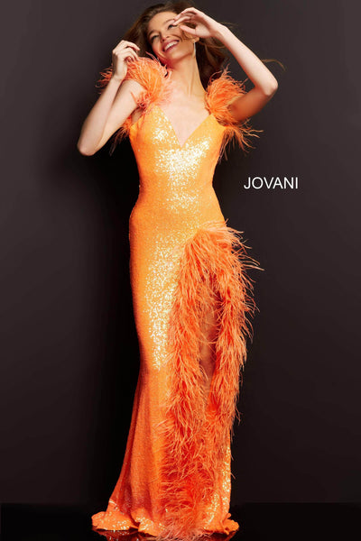 Jovani - 06164 Feather Trimmed High Slit Long Dress Prom Dresses